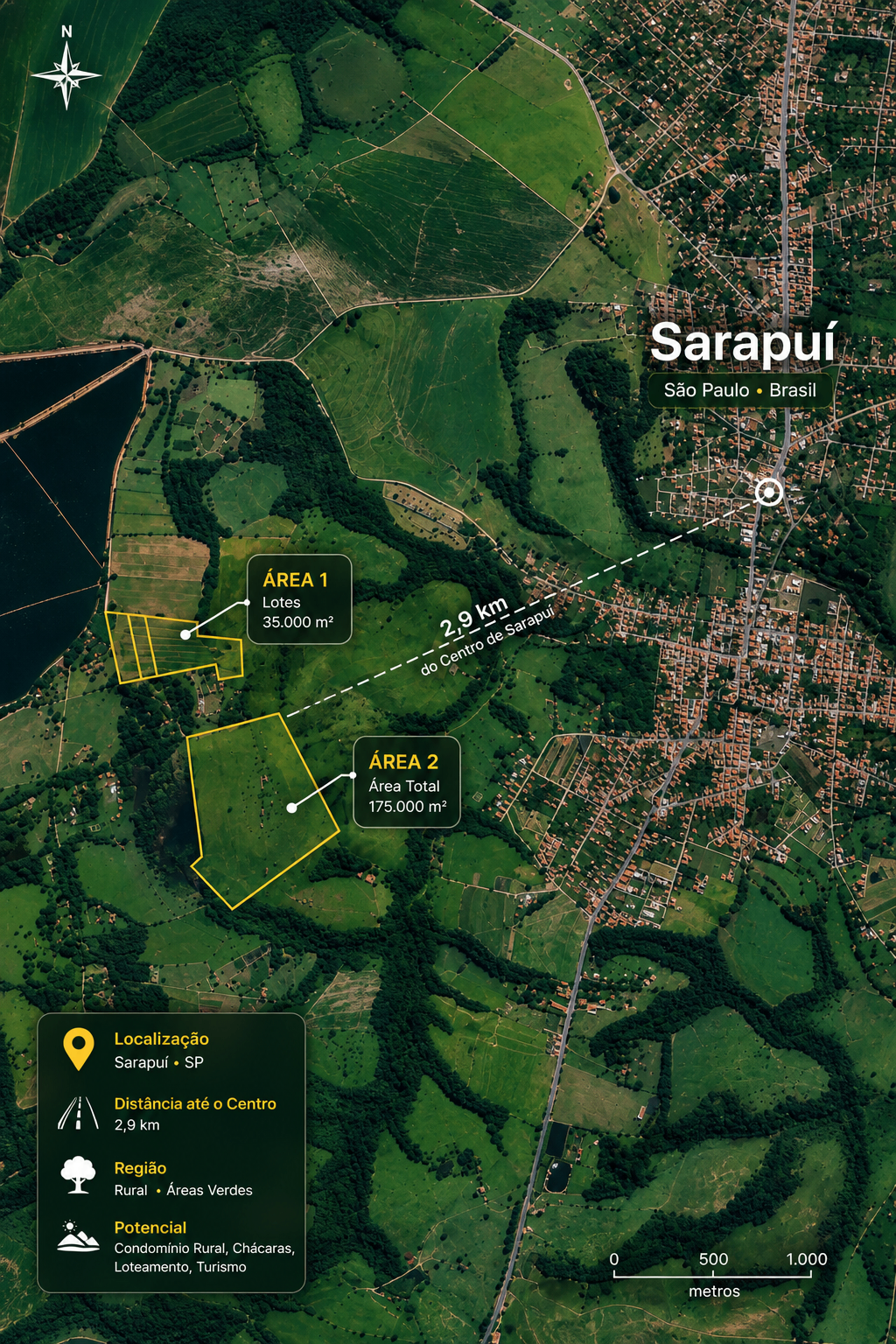 Mapa estilizado mostrando a localização do haras a 3km do centro de Sarapuí, SP